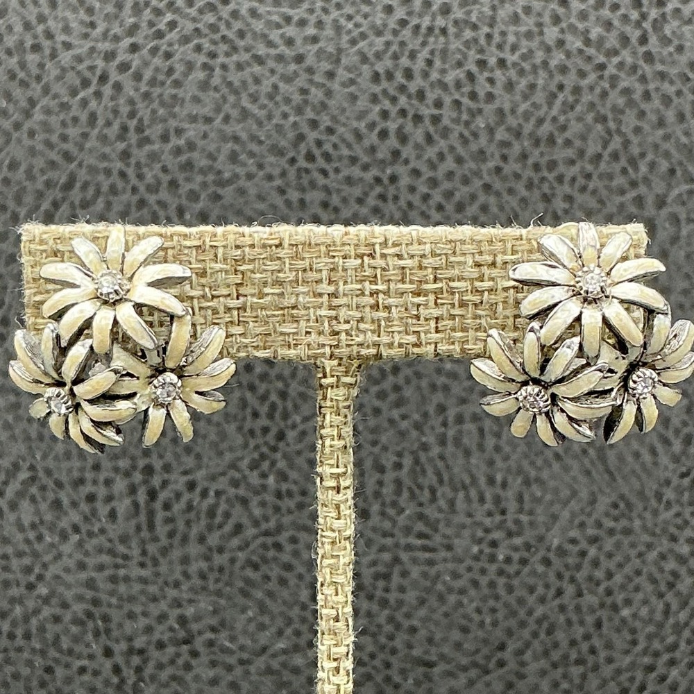 Oscar de la Renta Flower Cluster Clip On Earrings Crystal Vintage Silver Tone